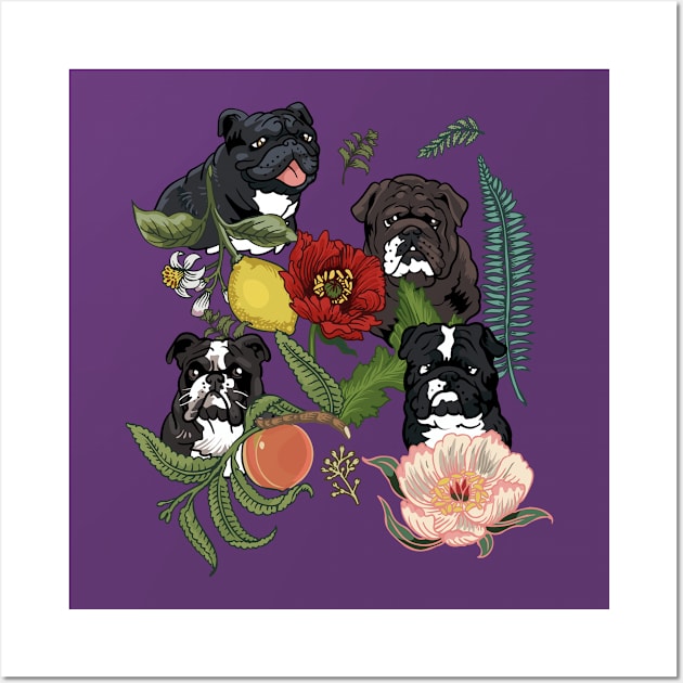 Botanical and Black English Bulldog Wall Art by huebucket